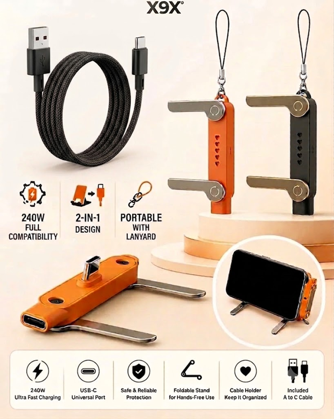 X9X® Super Flexible Type-C Charging Adaptor (Metal) with Folding Stand for Mobile Phones