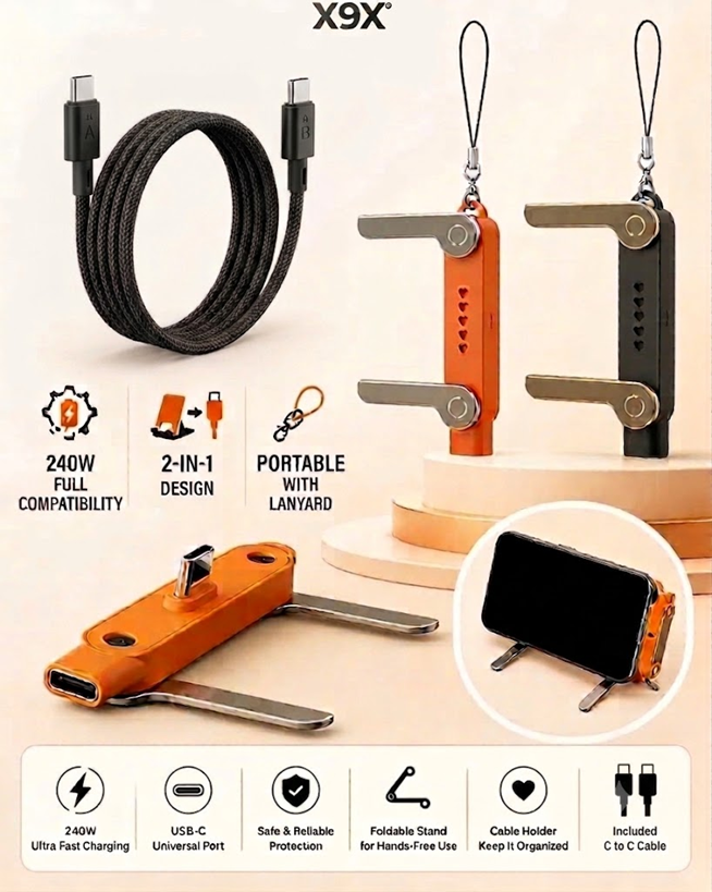 X9X® Type C 9 A 0 m 240W USB-C Fast Charging Foldable Mobile Stand with Wire & Portable Keychain