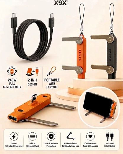 X9X® Type C 9 A 0 m 240W USB-C Fast Charging Foldable Mobile Stand with Wire & Portable Keychain