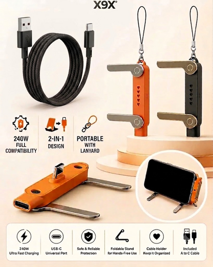 X9X® Type C 9 A 0 m 240W USB-C Fast Charging Foldable Mobile Stand with Wire & Portable Keychain