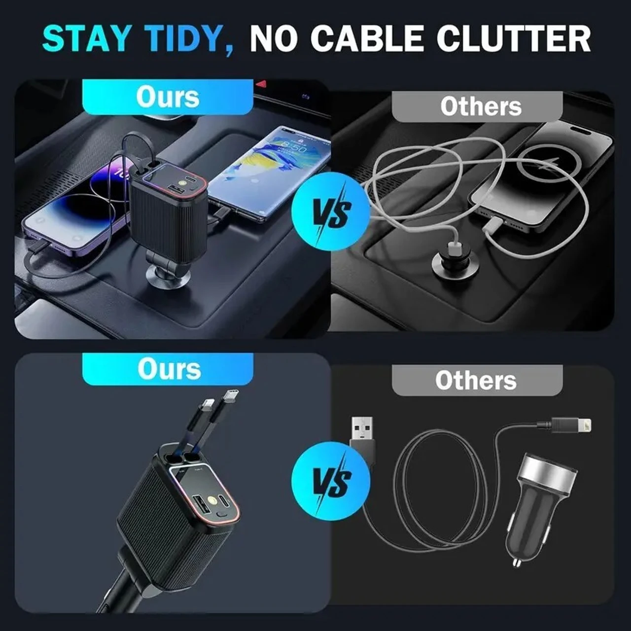 X9X® 4-in-1 Ultra Fast Retractable Car Charger with Starry Sky Lights & Dual USB Ports