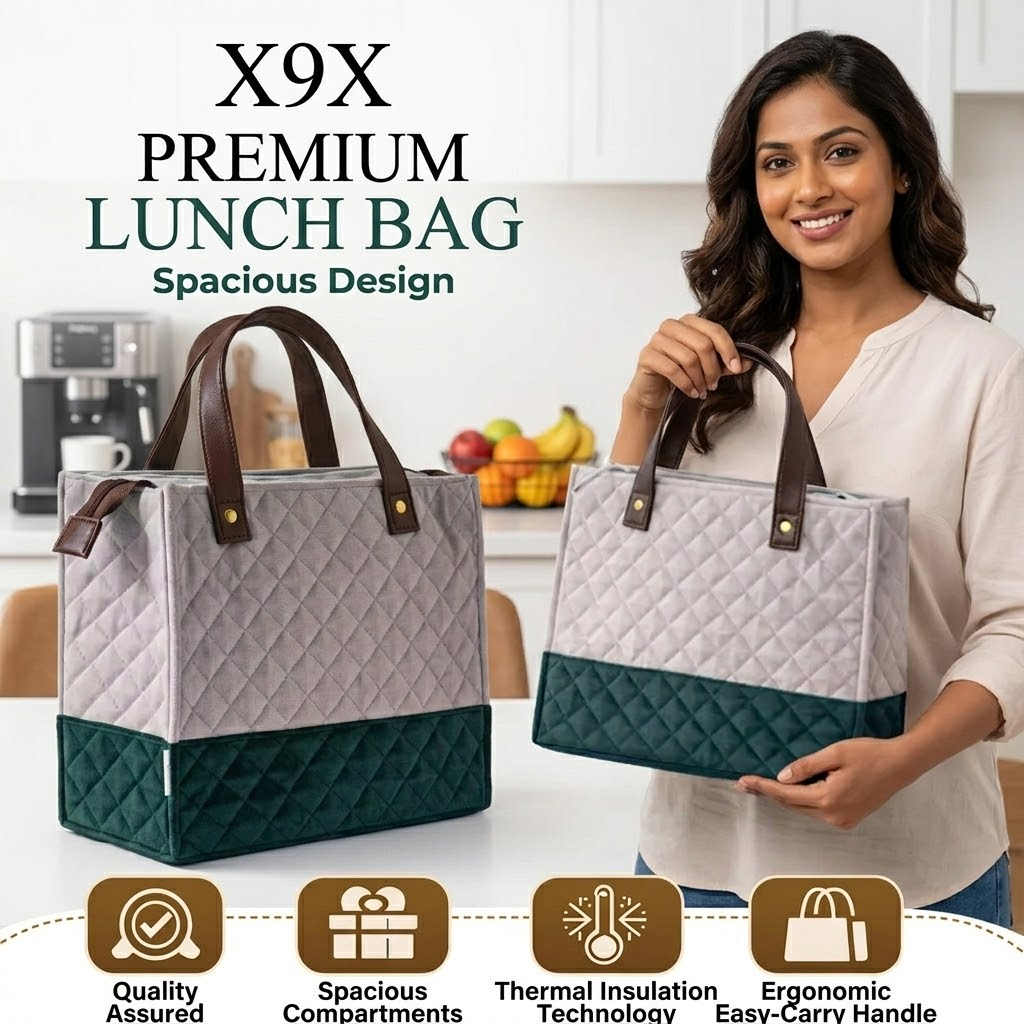 X9X® Stylish Insulated Lunch Bag | Waterproof Quilted Tiffin Tote Bag for Office College Travel Picnic