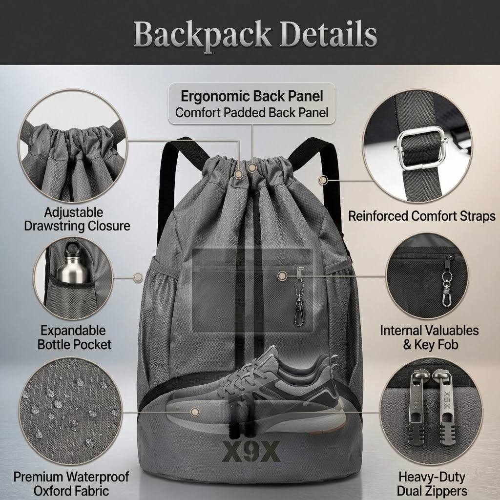 X9X® Basketball Drawstring Gym Bag with Shoe Compartment (Grey)