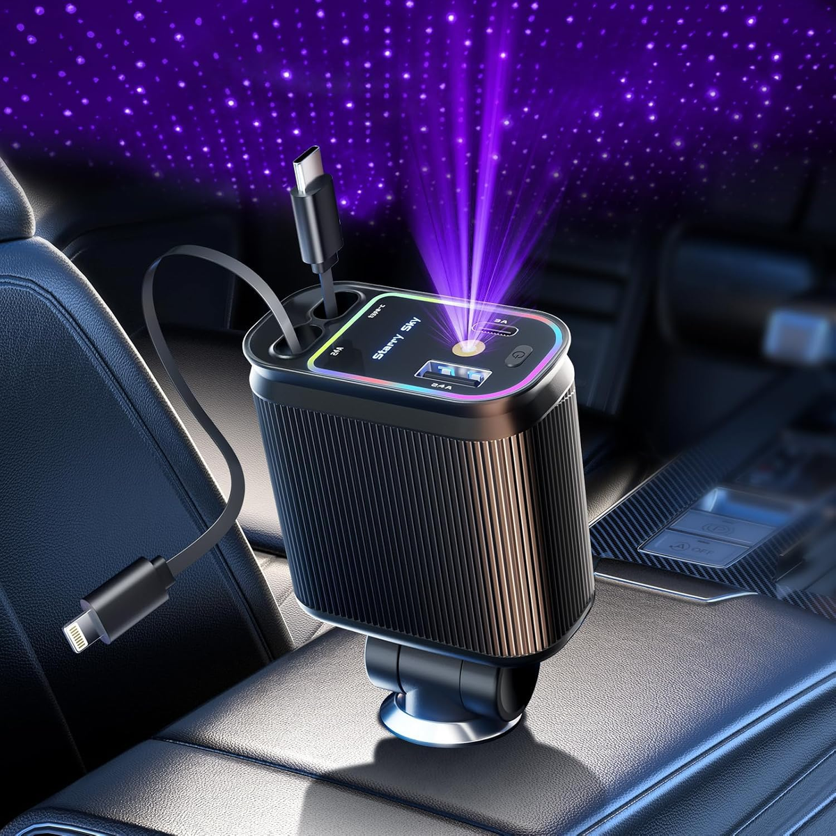 X9X® 4-in-1 Ultra Fast Retractable Car Charger with Starry Sky Lights & Dual USB Ports