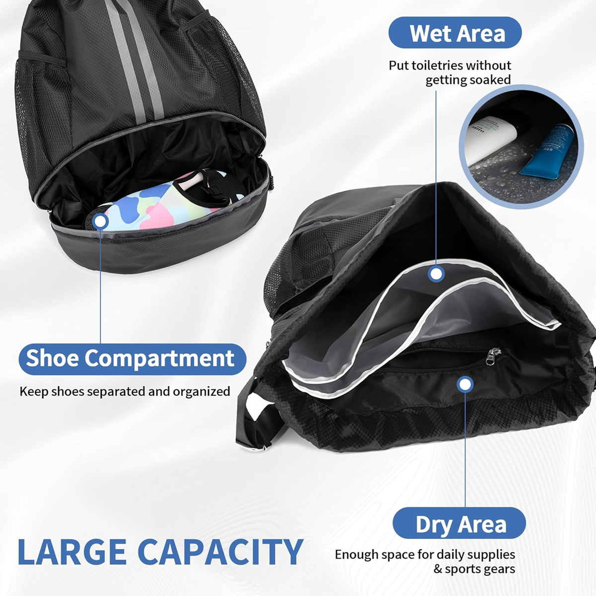 X9X® Drawstring Backpack | Gym Bag with Shoes Compartment for Soccer, Basketball, Swim | Water-Resistant String Backpack Beach Cinch for Women / Men