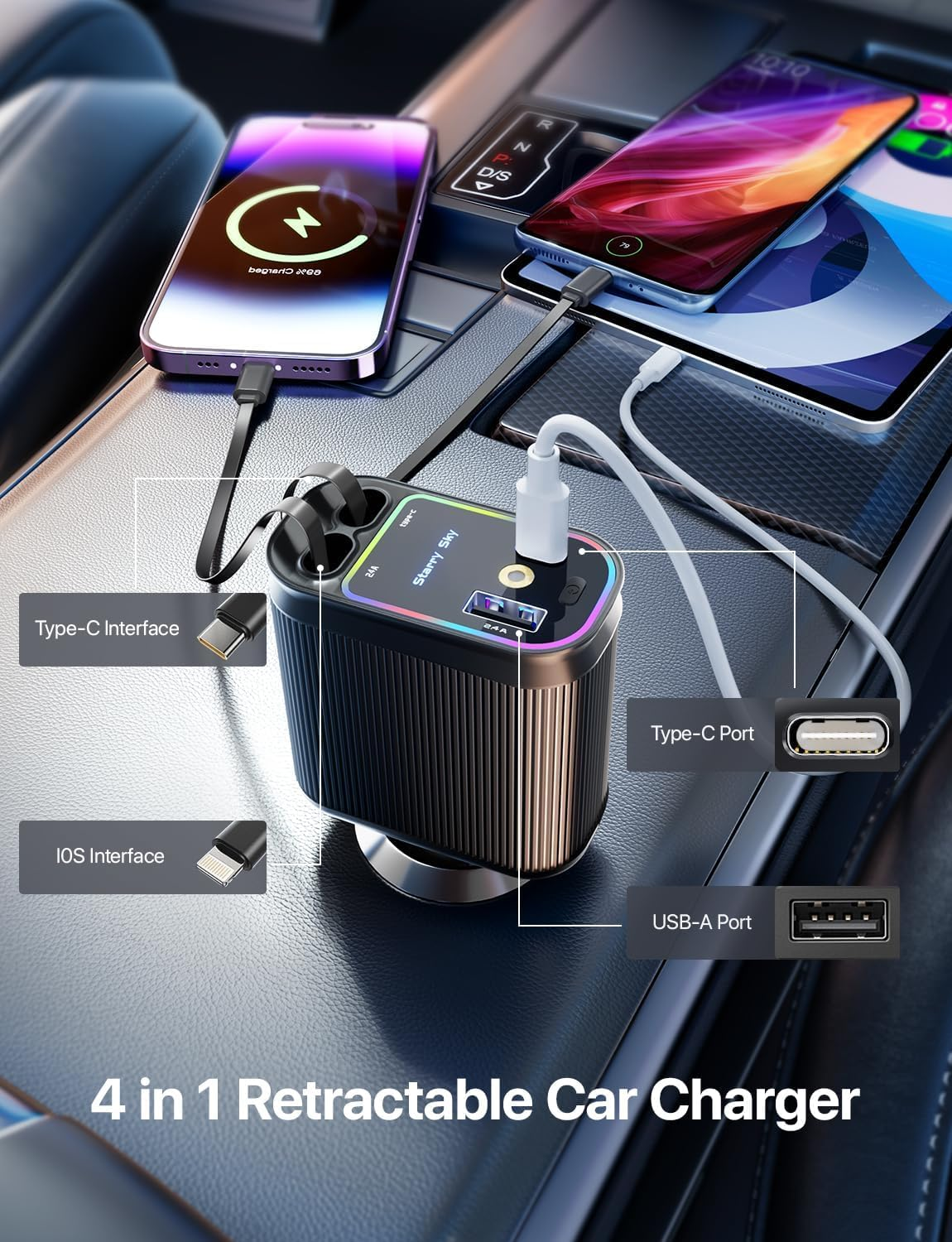 X9X® 4-in-1 Ultra Fast Retractable Car Charger with Starry Sky Lights & Dual USB Ports