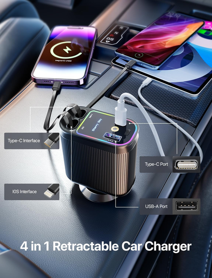 X9X® 4-in-1 Ultra Fast Retractable Car Charger with Starry Sky Lights & Dual USB Ports
