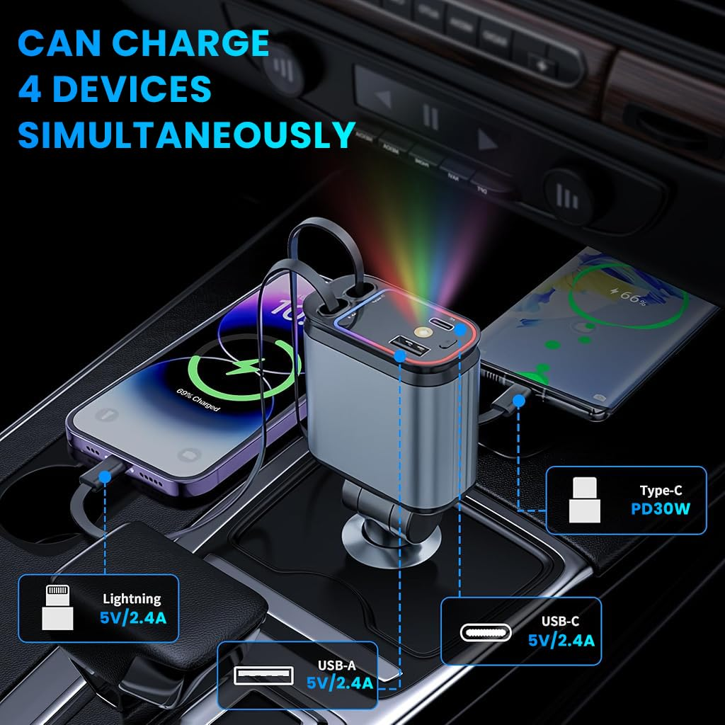 X9X® 4-in-1 Ultra Fast Retractable Car Charger with Starry Sky Lights & Dual USB Ports