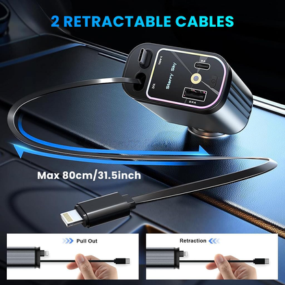 X9X® 4-in-1 Ultra Fast Retractable Car Charger with Starry Sky Lights & Dual USB Ports