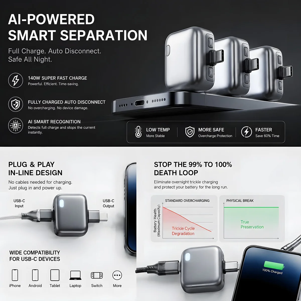 X9X® Smart AI Auto Cut Power & Unplug on Full Charge , PD 140W Fast Charging, Applicable To Various Electronic Devices Such as For Iphone/Android/Earphones