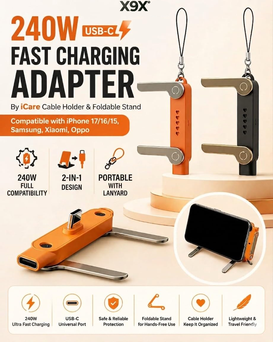 X9X® Type C 9 A 0 m 240W USB-C Fast Charging Foldable Mobile Stand with Portable Keychain