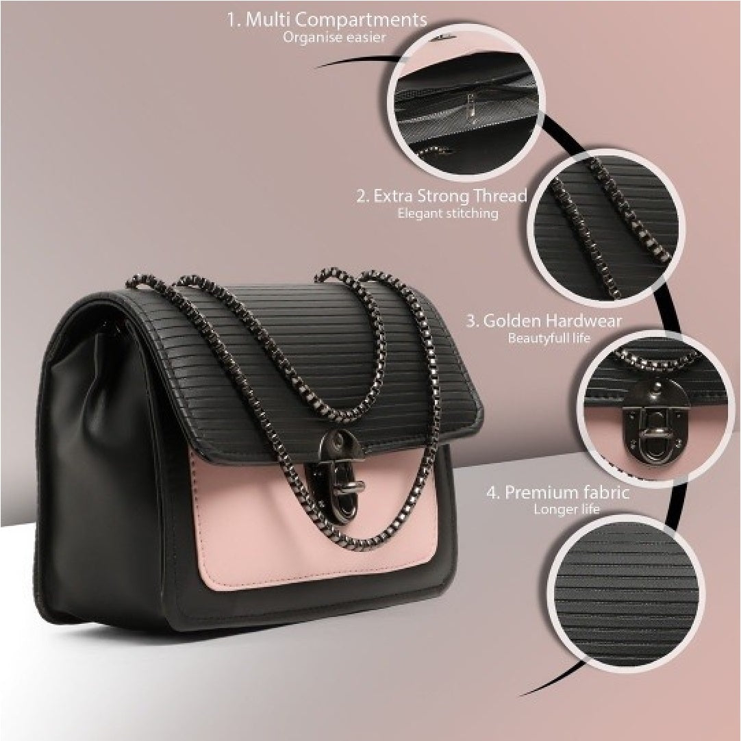 X9X® Women Sling Bag Casual Crossbody Bag with Zipper Pockets (Black/Pink)