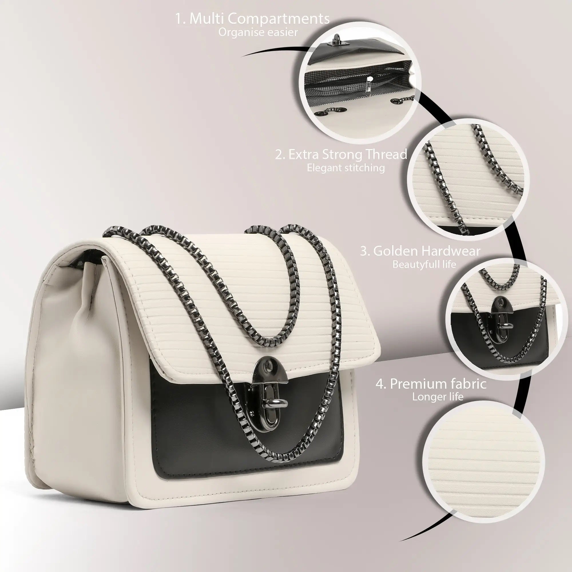 X9X® Women Sling Bag Casual Crossbody Bag with Zipper Pockets (Black/White)
